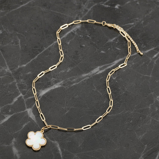 Gold Paper Clip Necklace w/ MOP Flower