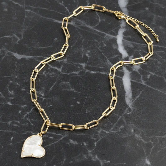 Gold Paper Clip Necklace w/ MOP Heart