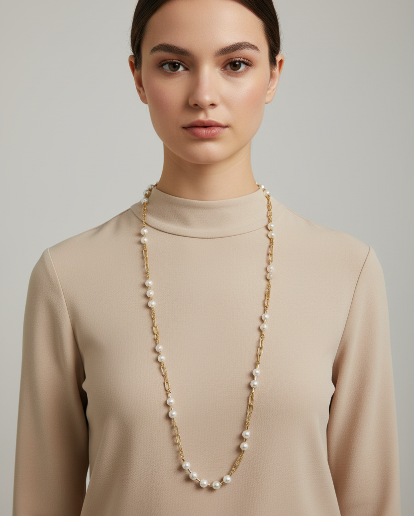 Gold Pearl Chain Detail Necklace - 36"