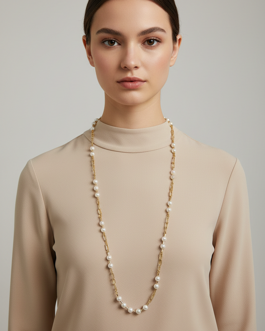 Gold Pearl Chain Detail Necklace - 36"