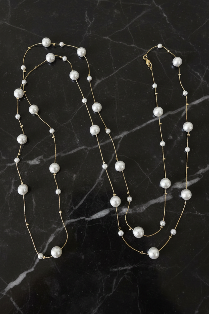 Really Long Gold Necklace w/ Pearls