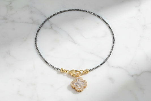Silver Chain Necklace w/ Gold Pave Clover Pendant