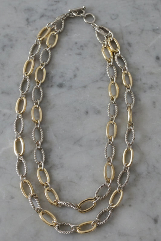 Lorena Two Tone 2-Row Link Chain Necklace in 17-inch length, featuring intertwined silver and gold-tone links.