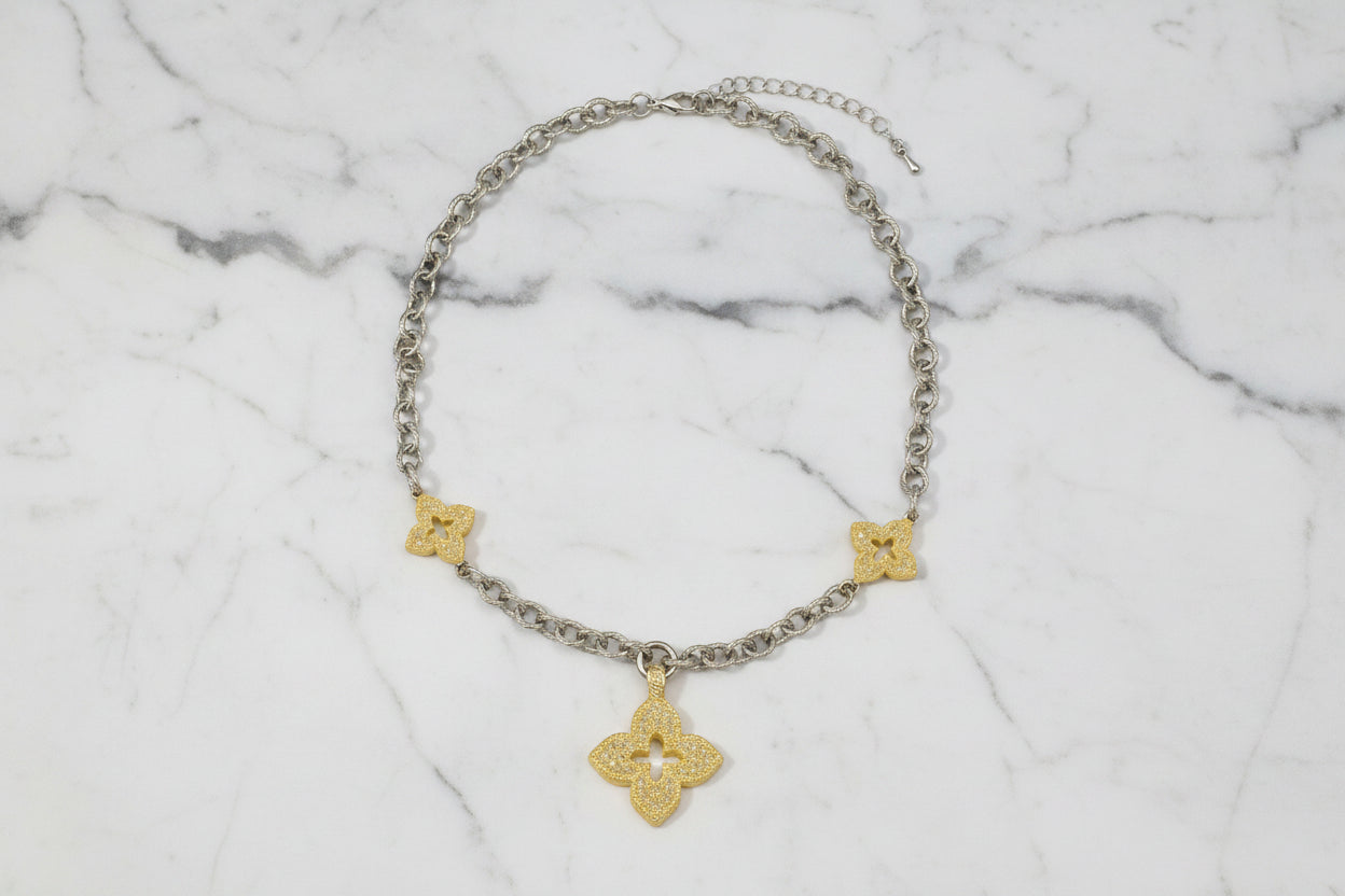 Lorena Two Tone 3-Pave Clover Necklace, 16-inch chain with sparkling clover pendant in mixed metals, elegant jewelry accessory.