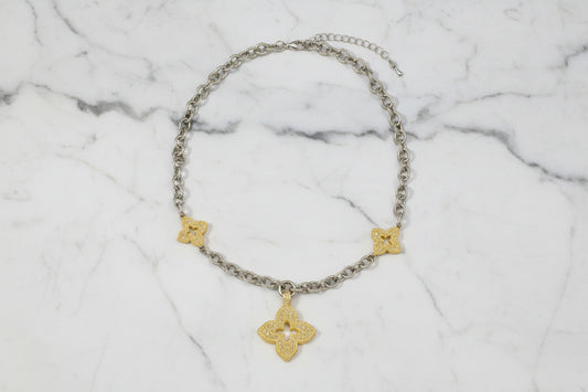 Lorena Two Tone 3-Pave Clover Necklace, 16-inch chain with sparkling clover pendant in mixed metals, elegant jewelry accessory.