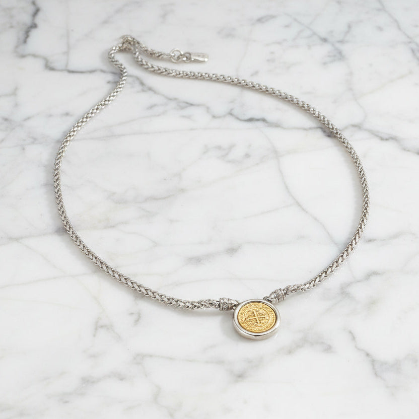 Lorena two-tone box chain coin necklace, 17-inch length, showcasing a stylish layered design with coin accents.