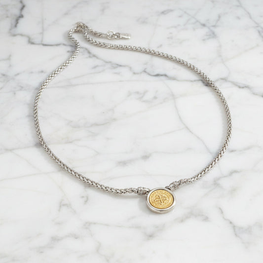 Lorena two-tone box chain coin necklace, 17-inch length, showcasing a stylish layered design with coin accents.