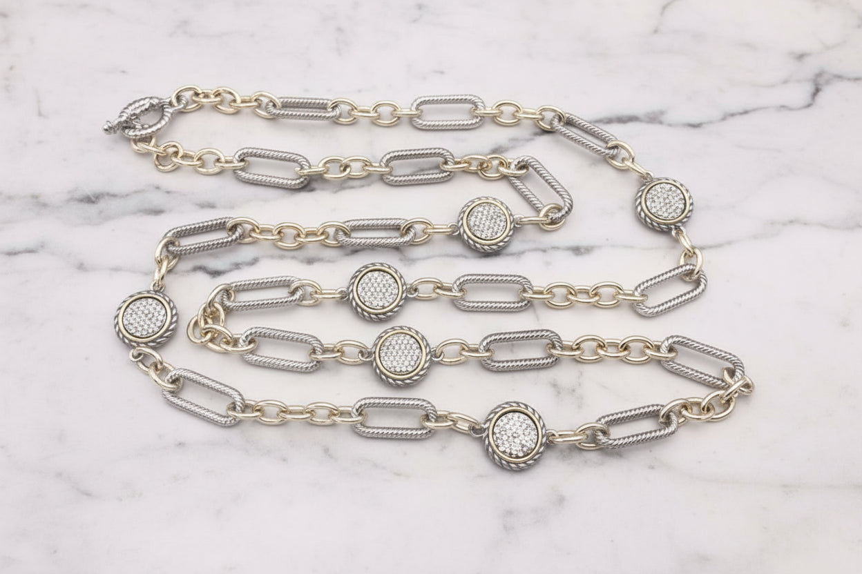 Lorena Two Tone Cable Pave Circle Link Necklace, 36 inches, featuring alternating metal tones and a stylish circular design