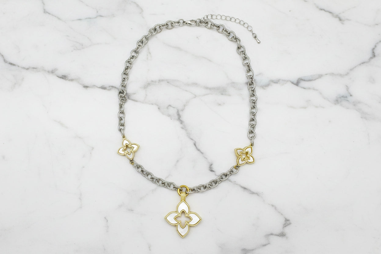 Two Tone Chain Necklace w/ MOP Clovers