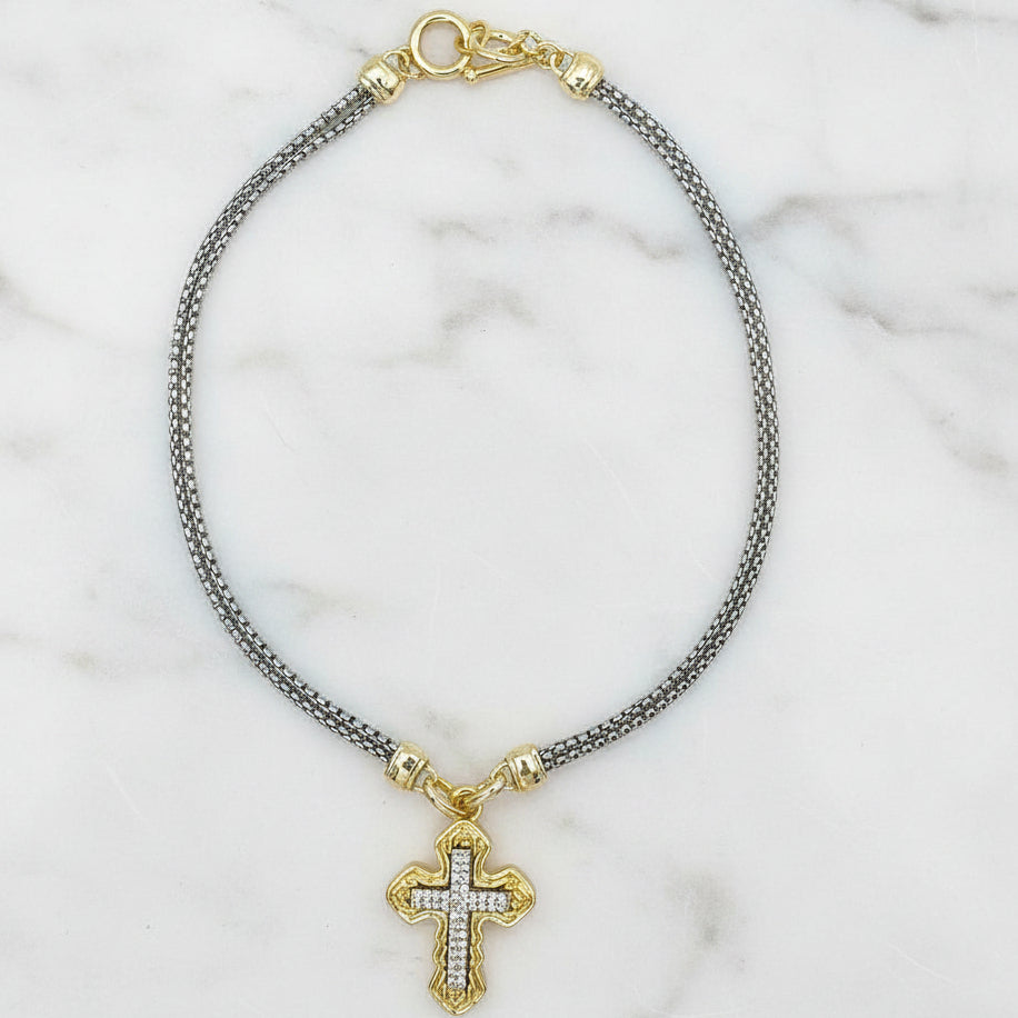 Two Tone Double Chain Necklace w/ Cross