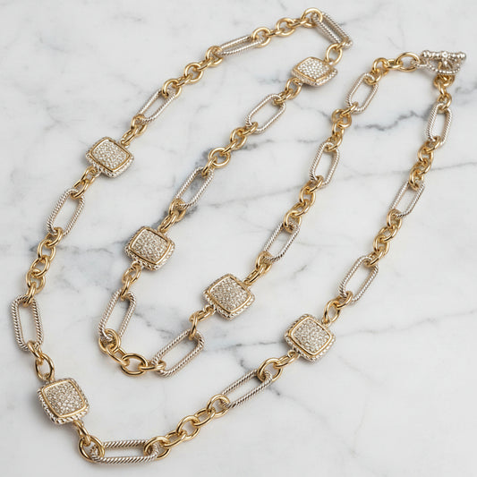 Lorena two-tone link necklace with pave square accents, 36-inch length, elegant jewelry accessory featuring mixed metal design.