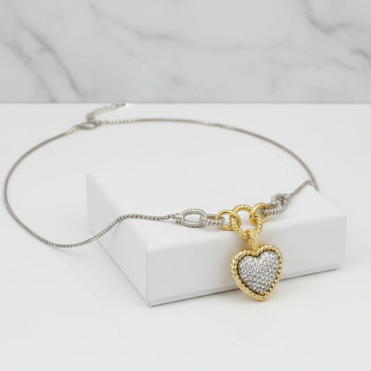 Lorena two-tone necklace with pave heart pendant, 17-inch length, elegant jewelry featuring mixed metal design and intricate detailing.