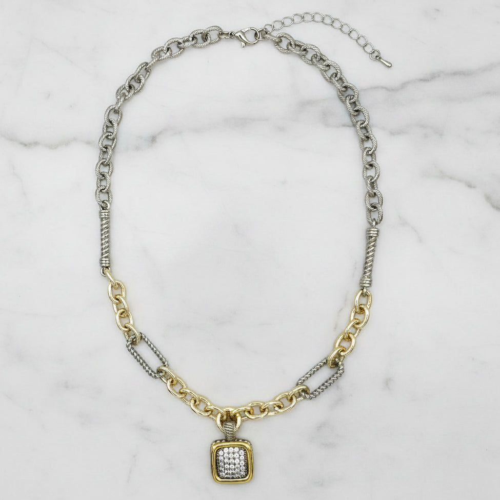 Two Tone Necklace w/ Pave Sq Pendant