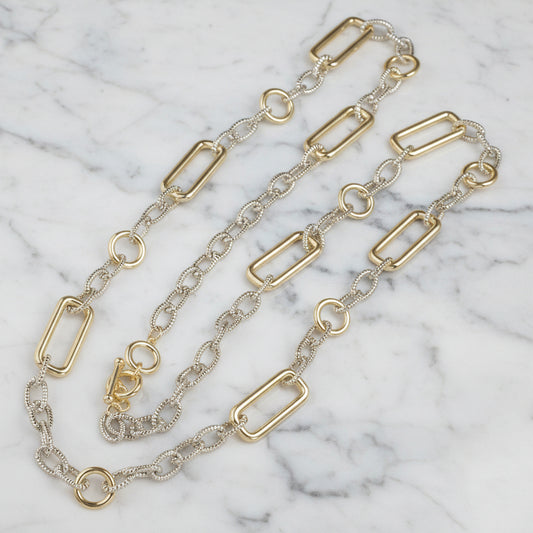 Two Tone Rectangle Link Chain Necklace - 36"