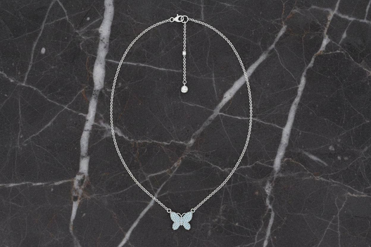 Lorena pave butterfly necklace on a 16-inch chain, featuring sparkling butterfly pendant with delicate design.