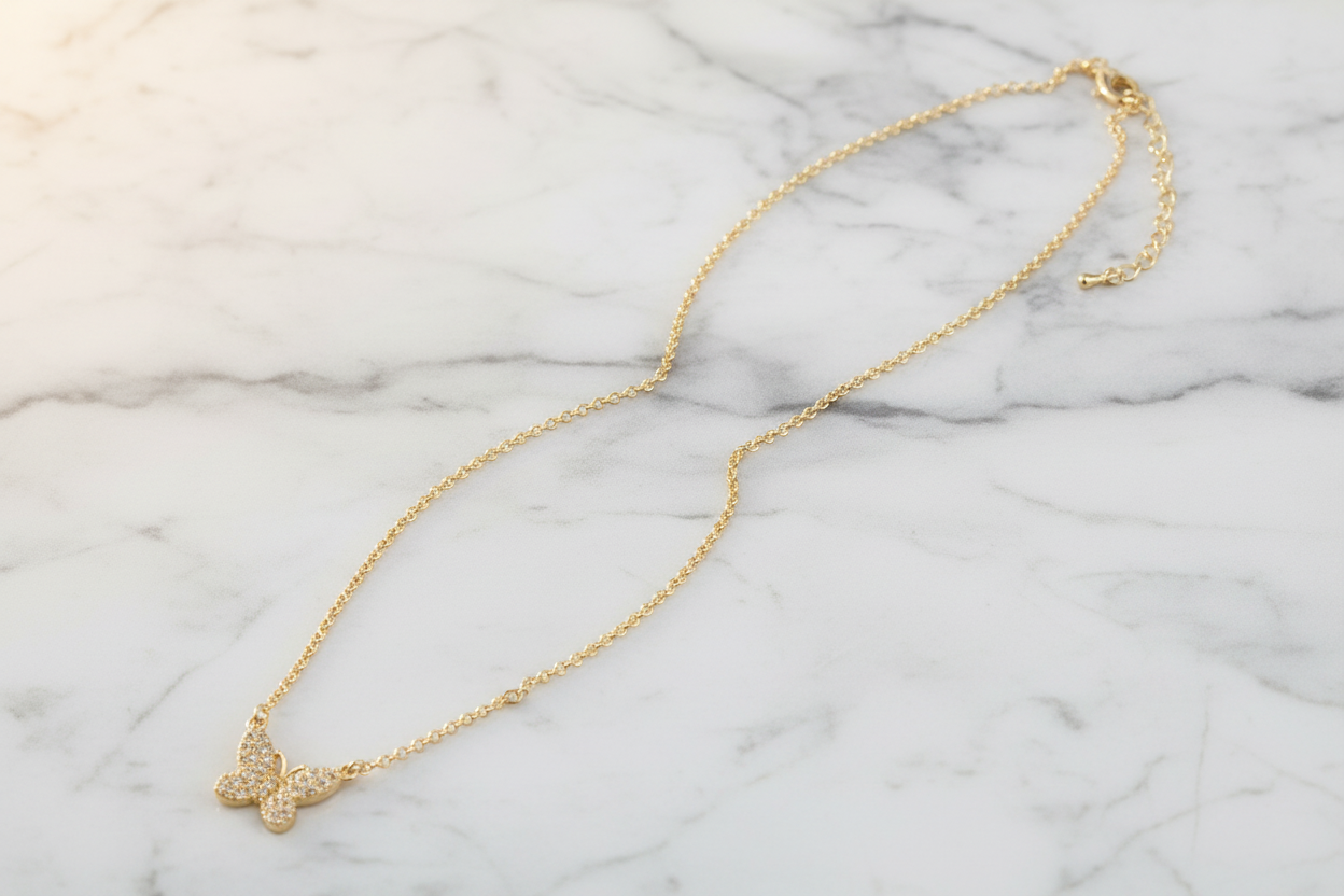 Lorena pave butterfly necklace, 16-inch chain with sparkling butterfly pendant, elegant jewelry accessory.