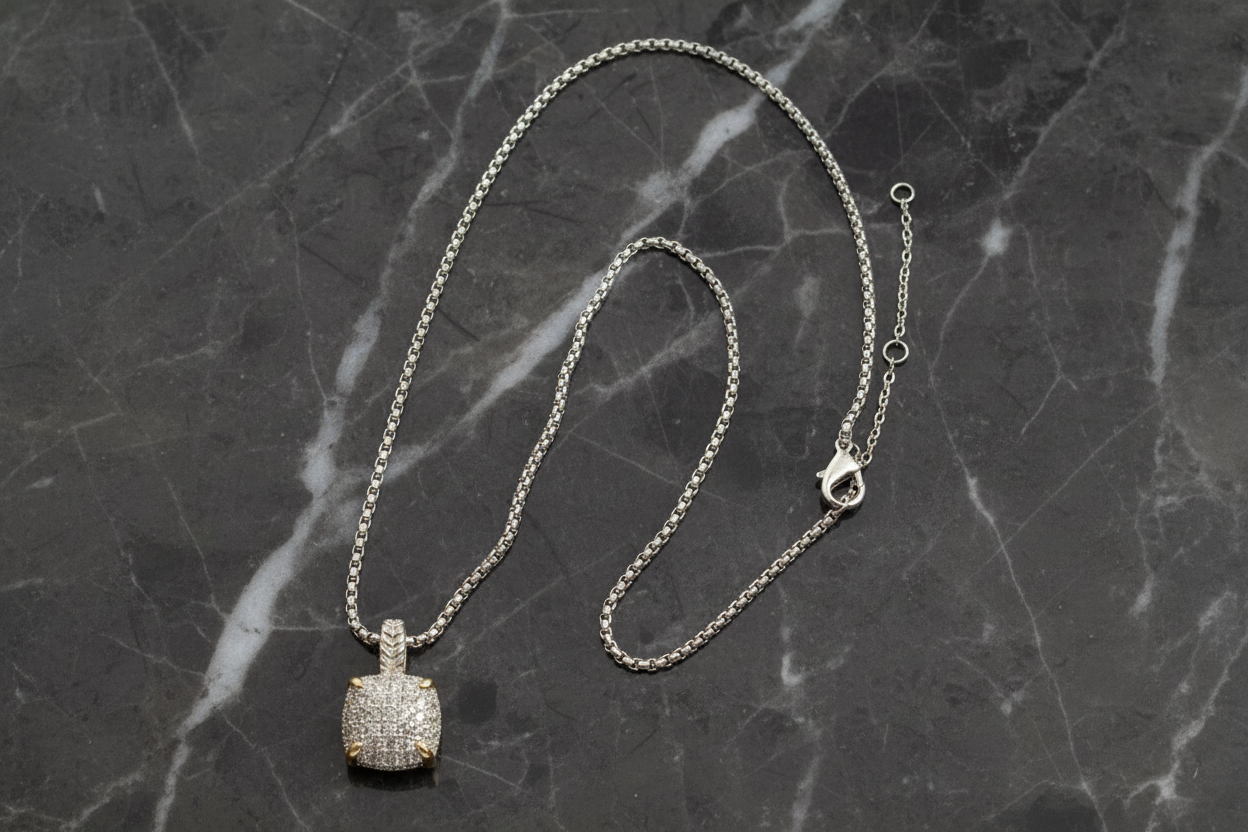 Pave Square Pendant Necklace - 16"