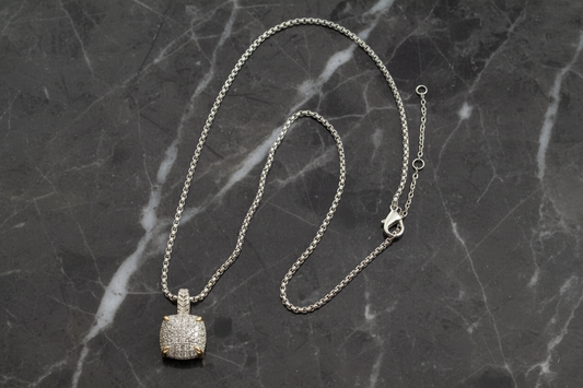 Lorena pave square pendant necklace on a 16-inch chain featuring sparkling square-shaped pendant, elegant jewelry accessory.