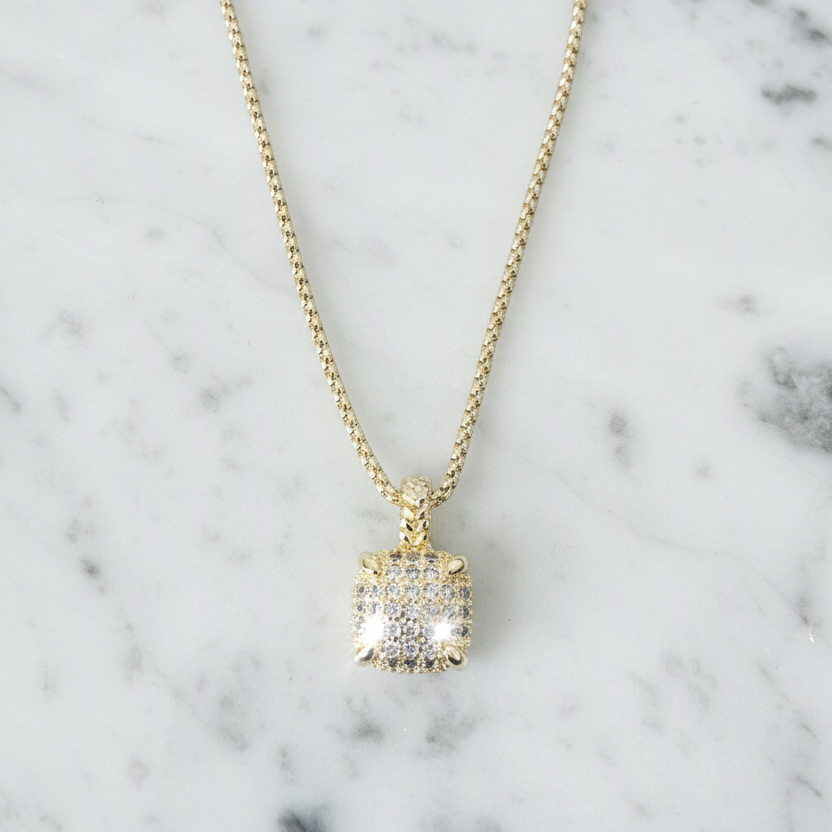 Pave Square Pendant Necklace - 16"