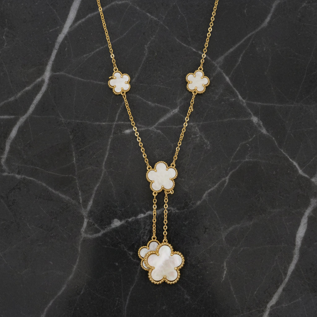Gold Necklace w/ Double Dangle MOP Flowers