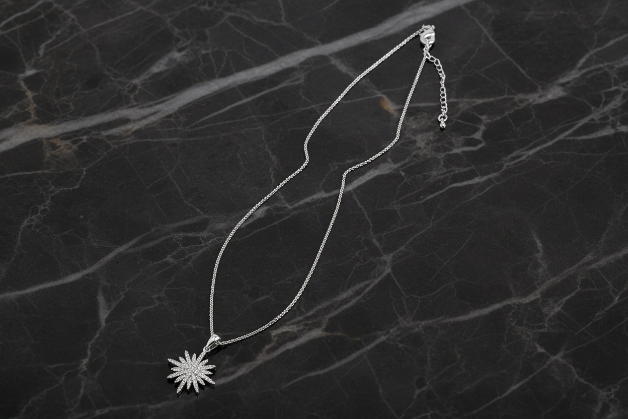 Lorena pave round star necklace with 16-inch chain, featuring sparkling star-shaped pendant on a delicate chain.