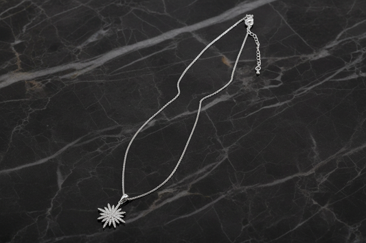 Lorena pave round star necklace with 16-inch chain, featuring sparkling star-shaped pendant on a delicate chain.