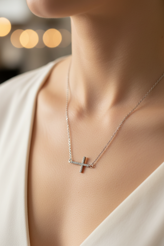 Sideways CZ Cross Necklace