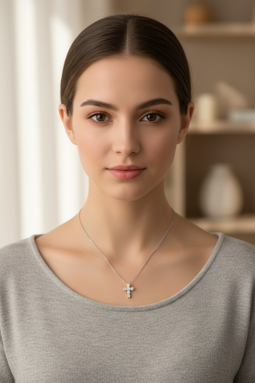 Small CZ Cross Necklace - 16"