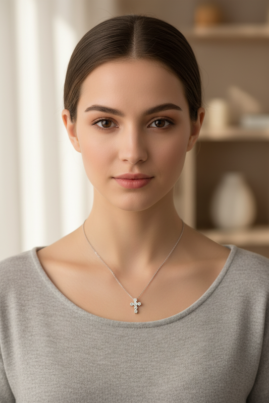 Small CZ Cross Necklace - 16"
