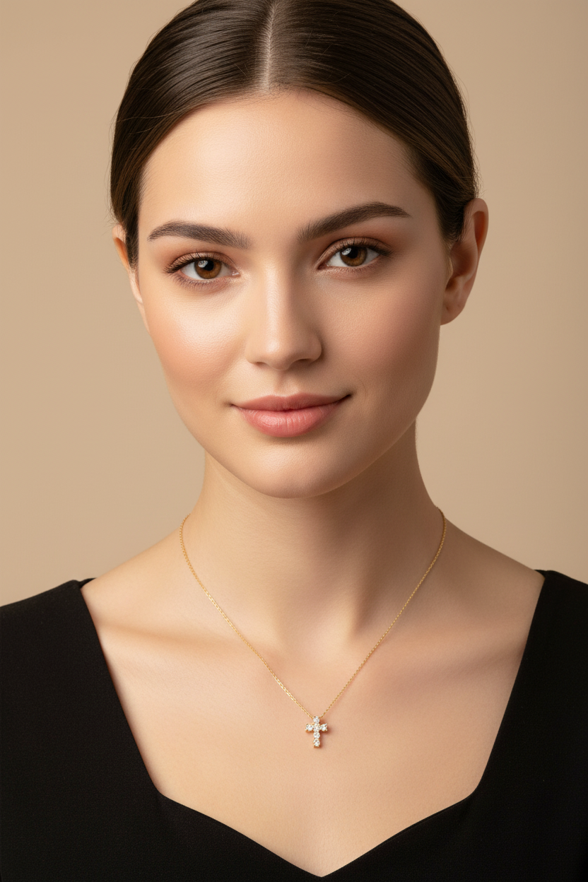 Small CZ Cross Necklace - 16"