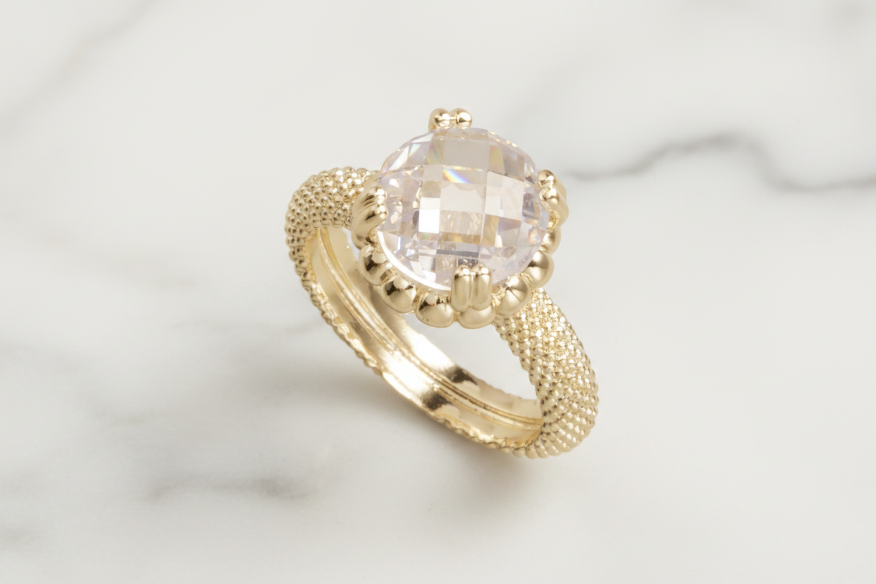 Textured Gold Round CZ Crystal Ring