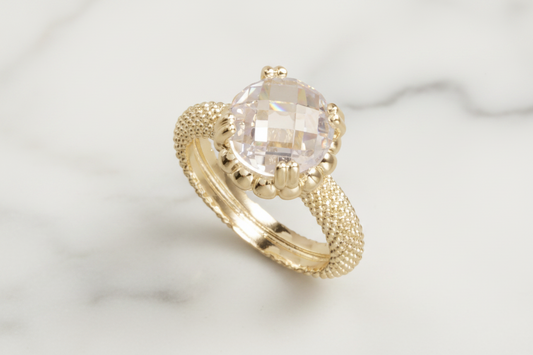 Textured Gold Round CZ Crystal Ring