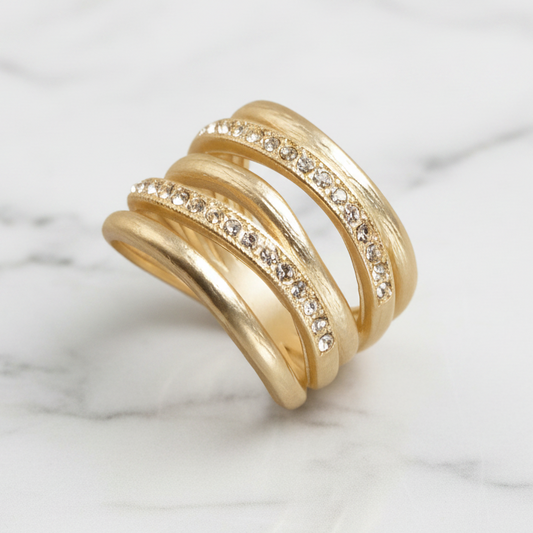 Wide Gold Multi Band CZ Ring
