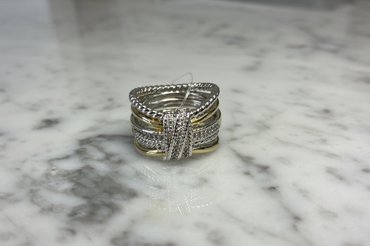 Wide Two Tone Cable Band Ring w/ CZs