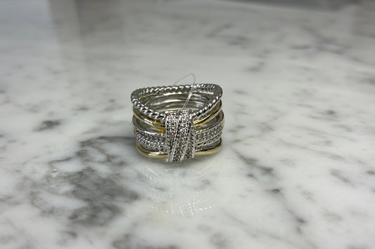 Wide Two Tone Cable Band Ring w/ CZs