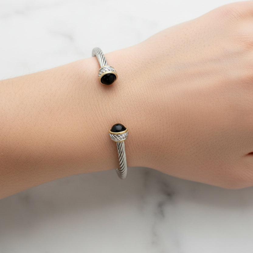 Small Two Tone Cable Bracelet w/ Onyx Tips