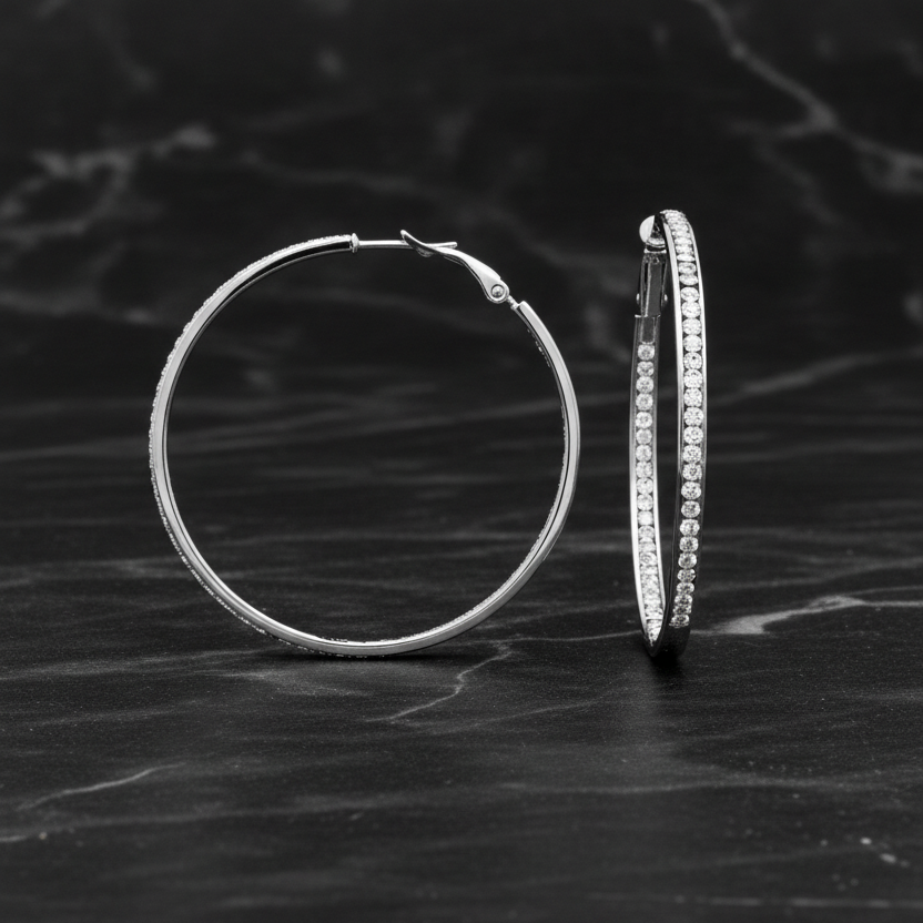 Silver hoop earring with cubic zirconia stones from Marcony, showcasing a shiny, elegant jewelry accessory.