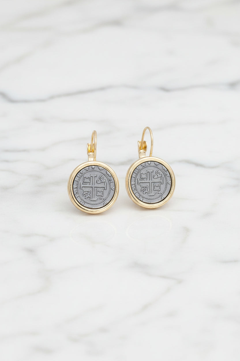 Marcony Gold Cross Coin Earring featuring a detailed cross and coin design, perfect for stylish jewelry collection.
