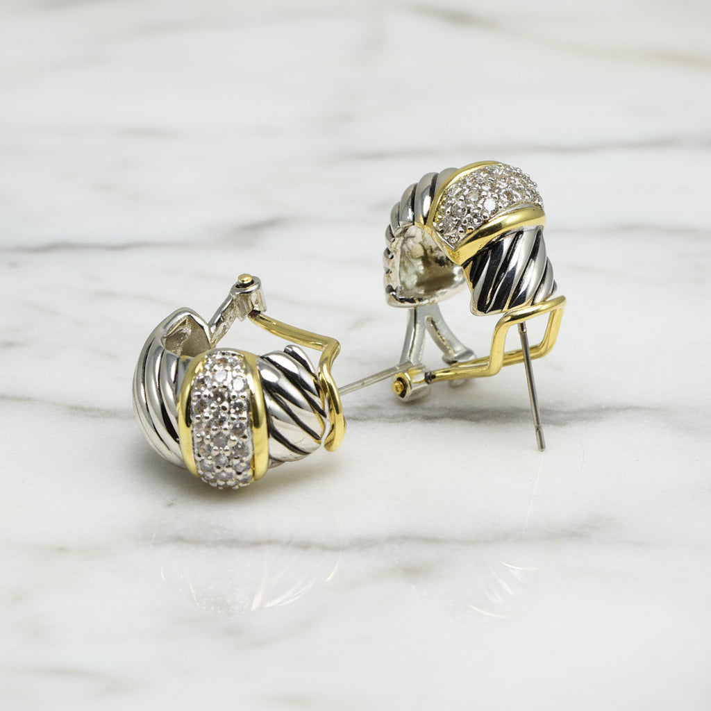 Two Tone Cable Pave Huggie Earring
