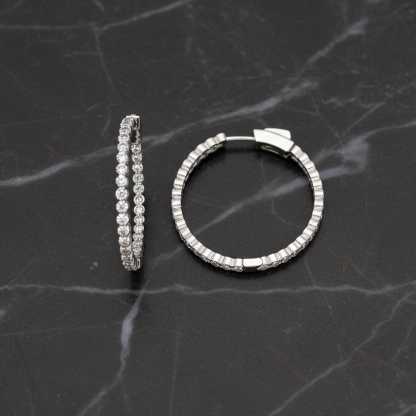 Marcony 1.25-inch flower CZ hoop earring with sparkling cubic zirconia and intricate floral design in shiny metal finish.