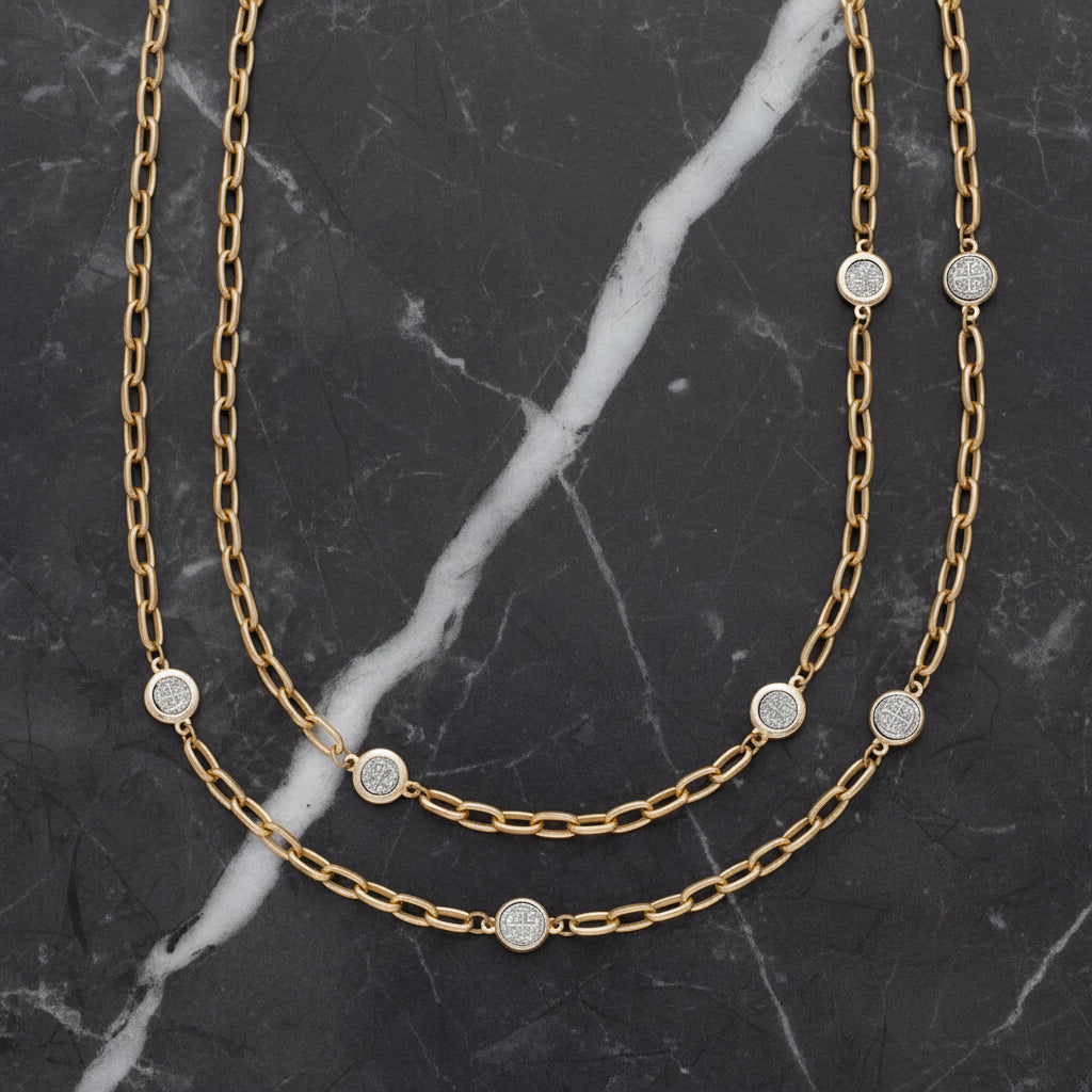 Gold paperclip necklace with cross coins from Marcony, 36-inch length, showcasing a stylish and modern jewelry design.