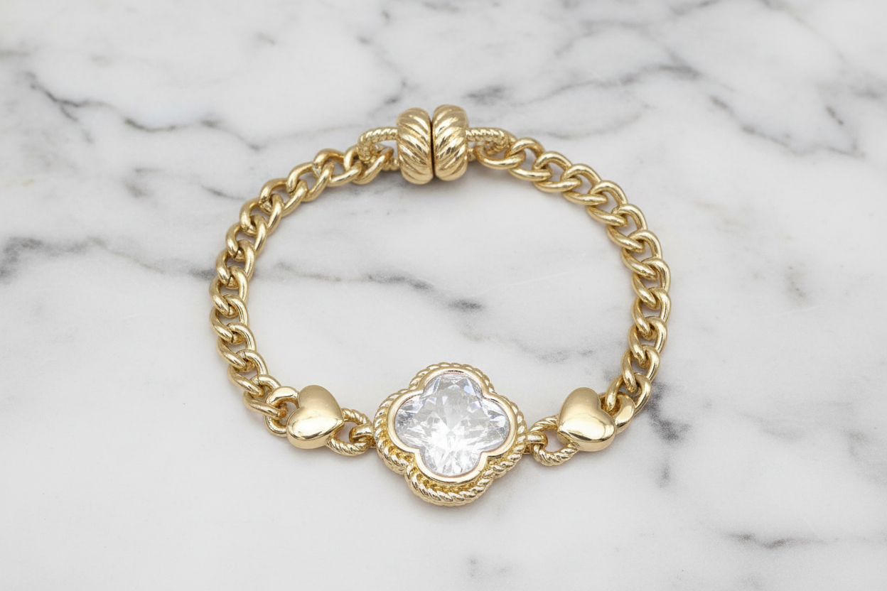 Gold Cuban CZ Clover Bracelet