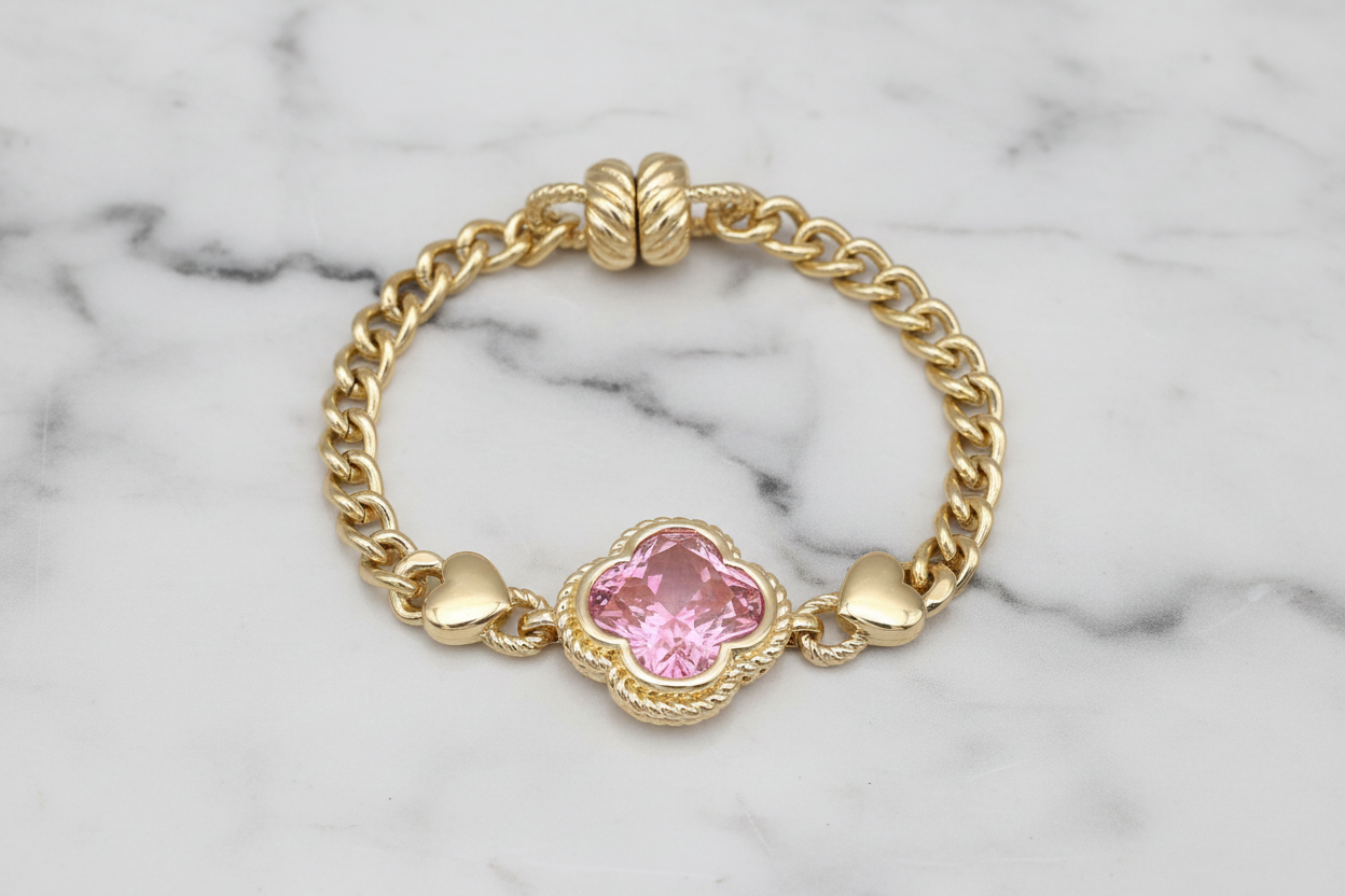 Gold Cuban CZ Clover Bracelet