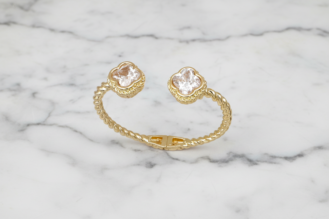Gold Cable Bangle w/ Clear Clovers