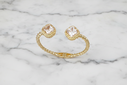 Gold Cable Bangle w/ Clear Clovers