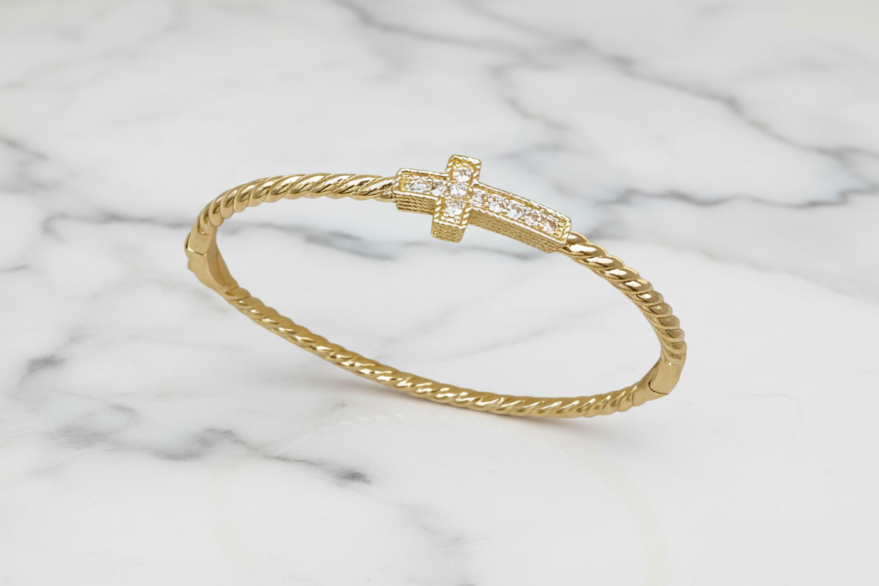 Gold Cable CZ Cross Bangle