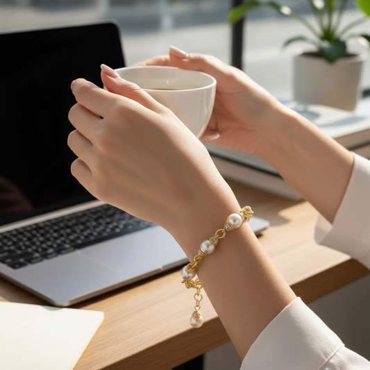 Gold CZ Pave Chain 4-Pearl Bracelet