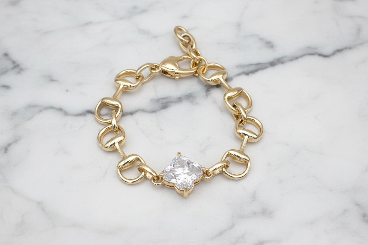 Gold Horse Bit CZ Clover Bracelet
