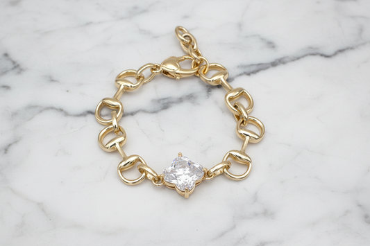 Gold Horse Bit CZ Clover Bracelet
