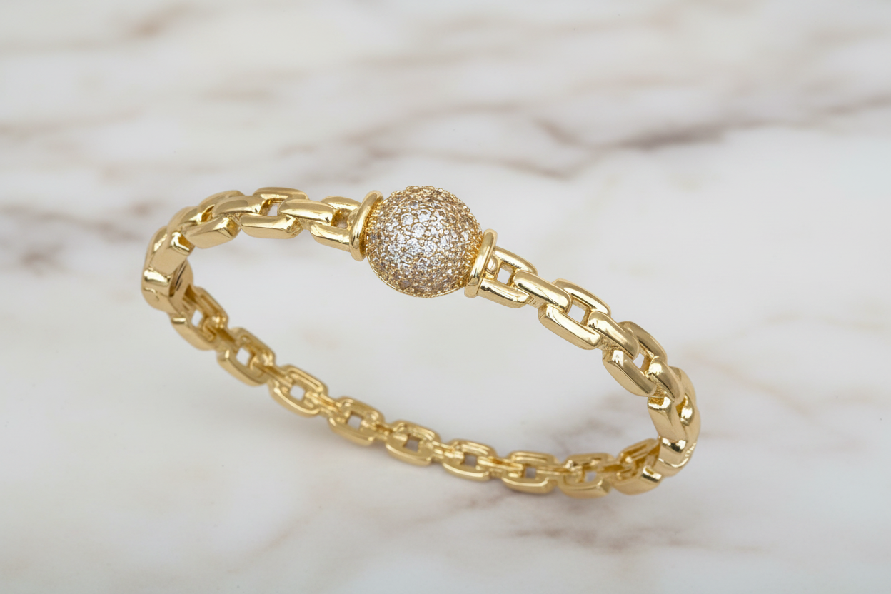 Gold Links CZ Pave Ball Bangle